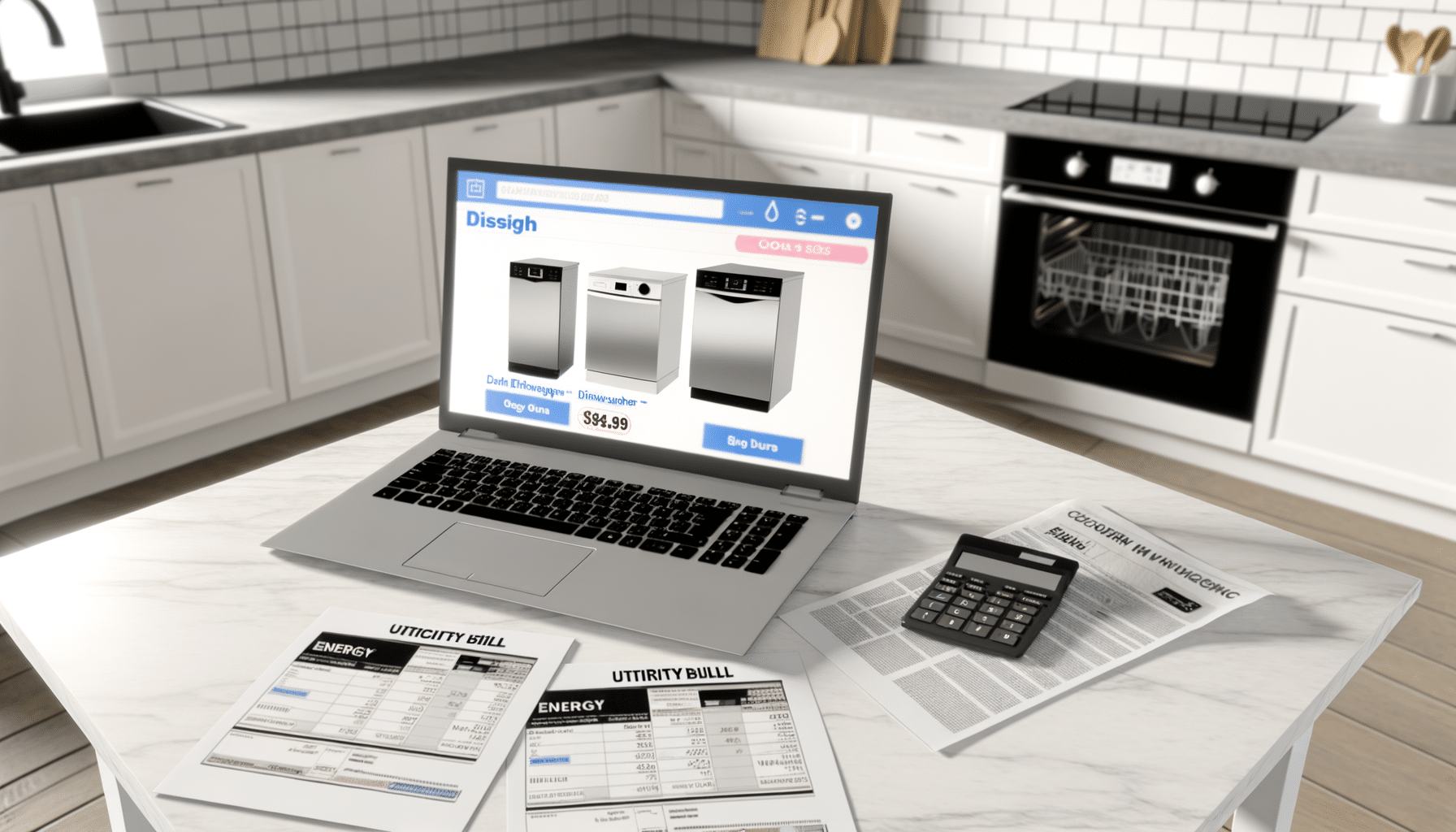 Confronto online tra tre lavastoviglie con etichette energetiche, bollette e calcolatrice su un tavolo da cucina