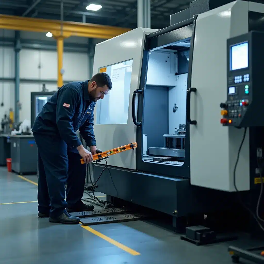 Tecnici mentre livellano un centro di lavoro CNC con livella di precisione in officina